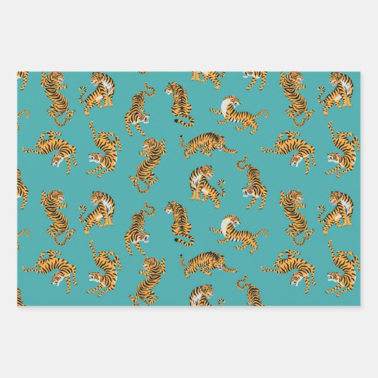 Tijger op Blauwgroen Patroon Inpakpapier Vel (Voorkant 3)