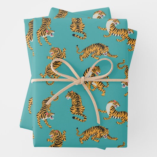 Tijger op Blauwgroen Patroon Inpakpapier Vel (In situ)