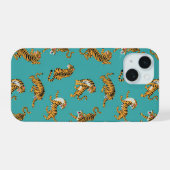 Tijger op Blauwgroen Patroon iPhone 15 Case (Achterkant horizontaal)