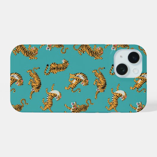 Tijger op Blauwgroen Patroon iPhone 15 Case (Achterkant horizontaal)