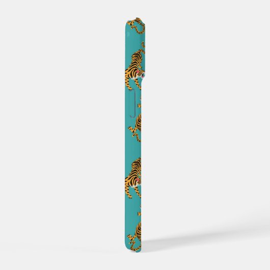 Tijger op Blauwgroen Patroon iPhone 15 Case (Rechterkant)