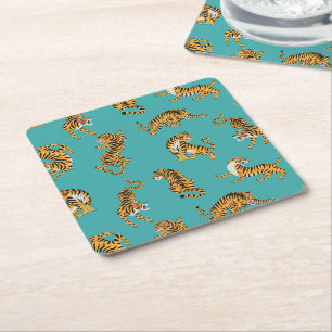Tijger op Blauwgroen Patroon Kartonnen Onderzetters