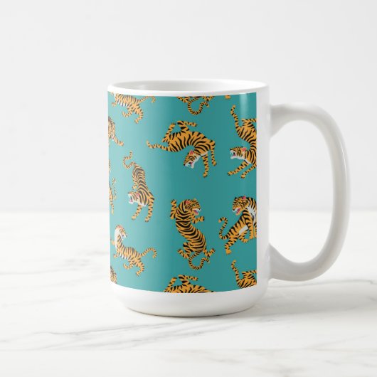 Tijger op Blauwgroen Patroon Koffiemok (Rechts)