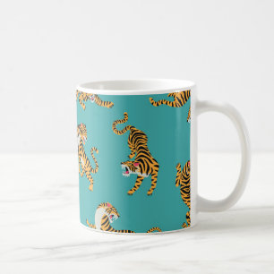 Tijger op Blauwgroen Patroon Koffiemok