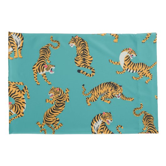 Tijger op Blauwgroen Patroon Kussensloop (Achterkant-Rechts)