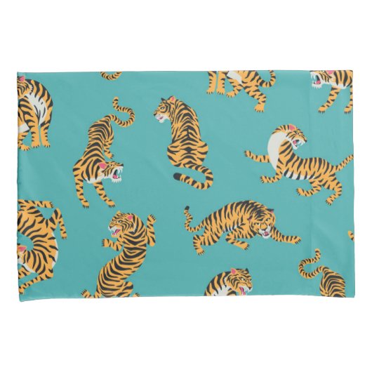 Tijger op Blauwgroen Patroon Kussensloop (Voorkant-Rechts)