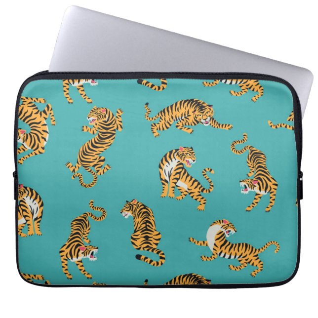 Tijger op Blauwgroen Patroon Laptop Sleeve (Voorkant)