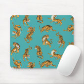 Tijger op Blauwgroen Patroon Muismat (Met muis)