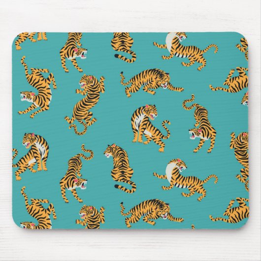 Tijger op Blauwgroen Patroon Muismat (Voorkant)