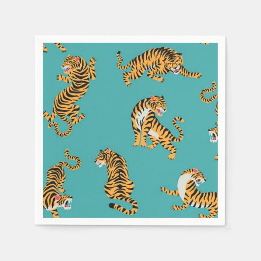 Tijger op Blauwgroen Patroon Servet (Voorkant)