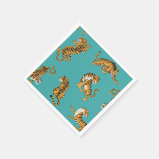 Tijger op Blauwgroen Patroon Servet (Hoek)