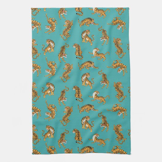 Tijger op Blauwgroen Patroon Theedoek (Verticaal)