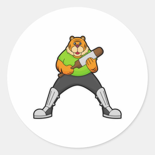 Tijger op cricket met cricket bat ronde sticker (Voorkant)