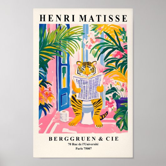 Tijger op een toilet, grappige badkamer muur kunst poster (Voorkant)