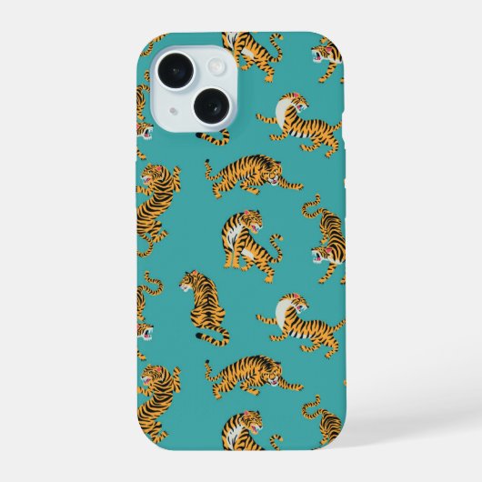 Tijger op Teal Patroon iPhone 15 Case (Achterkant)