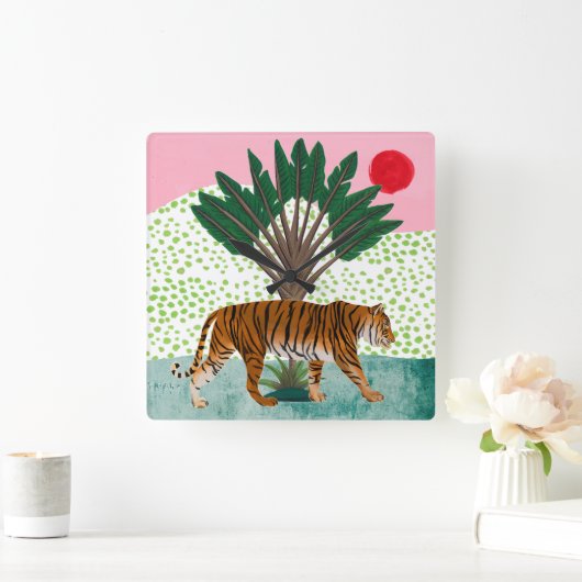 Tijger op zonsondergang vierkante klok (Huis)