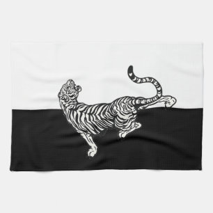 Tijger op zwart en wit theedoek