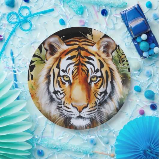 Tijger Pastel Bloemen Safari Waterverf Savannah Papieren Bordje (Feest)