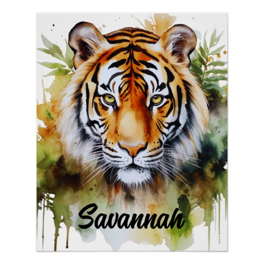 Tijger Pastel Bloemen Safari Waterverf Savannah Perfect Poster (Voorkant)