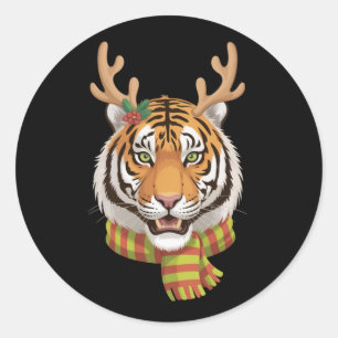 Tijger Rendier Kerst Dier Met Gewei Xmas  Ronde Sticker