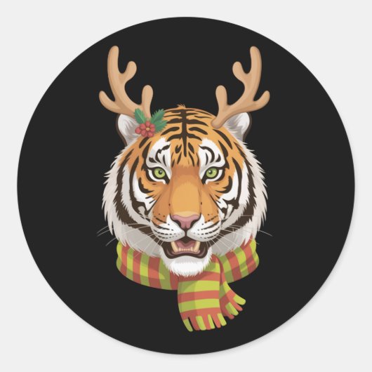 Tijger Rendier Kerst Dier Met Gewei Xmas Ronde Sticker (Voorkant)