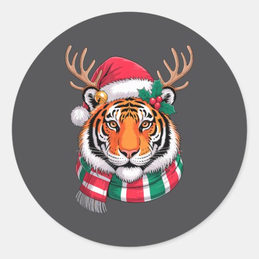 Tijger Rendier Kerstmis Kerstman Hoed Tijger Kerst Ronde Sticker (Voorkant)