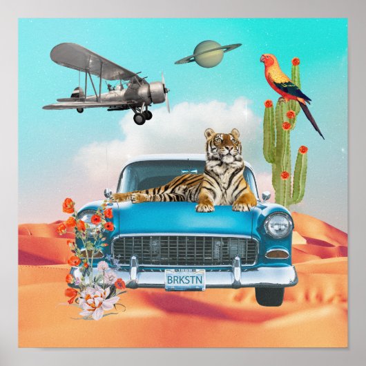 Tijger Retro Auto Woestijn Cactus Surreal Collage Poster (Voorkant)