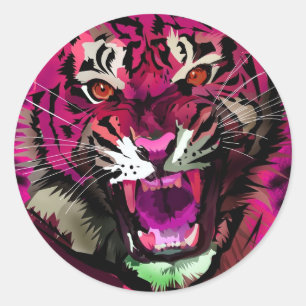 Tijger roar - Roze Ronde Sticker