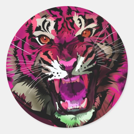 Tijger roar - Roze Ronde Sticker (Voorkant)