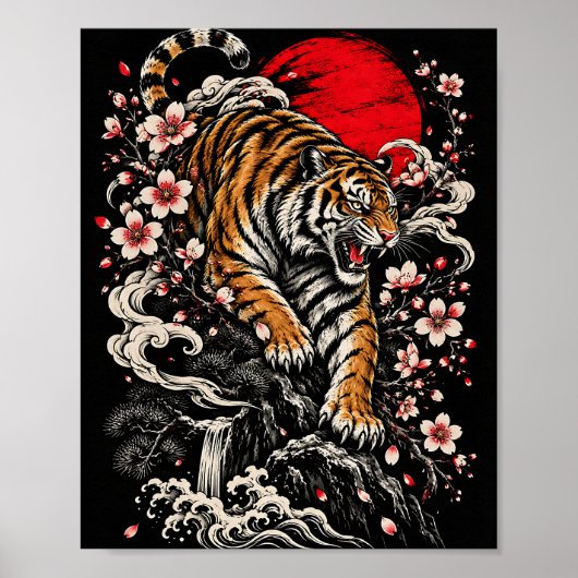 Tijger Sakura Japans Brullend Poster (Voorkant)