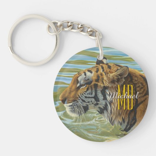 Tijger Schilderij, Personaliseer Monogram & Script Sleutelhanger (Voorkant)
