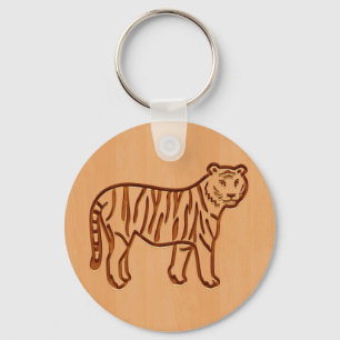 tijger silhouet gegraveerd op houtvormgeving sleutelhanger