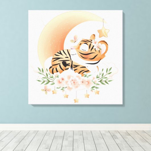 Tijger Slapen op de maan Canvas Afdruk (Insitu (Houten vloer))