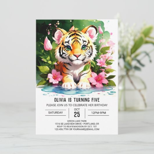 Tijger thema Verjaardag uitnodiging (Staand voorkant)