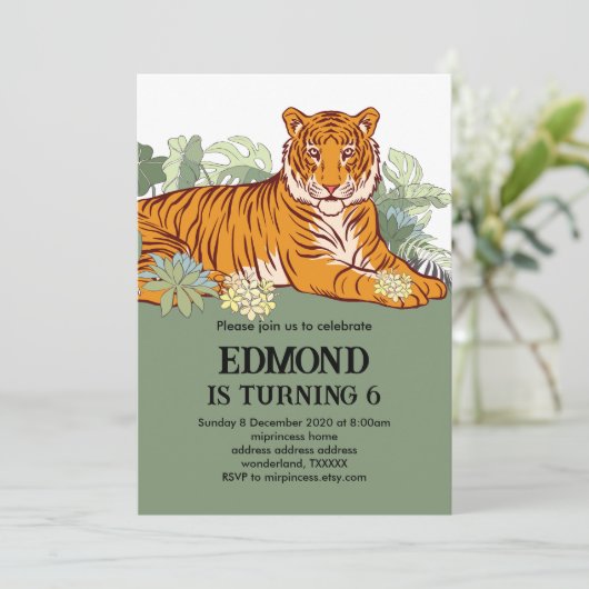 Tijger uitnodiging jongen verjaardagsfeestje dier  (Staand voorkant)