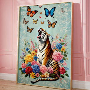 Tijger & Vlinders Bloemrijke Fantasievolle Muurkun Poster
