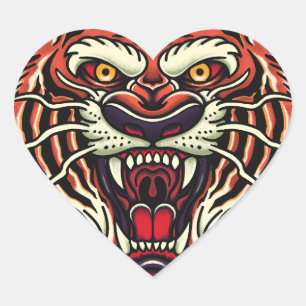 Tijger volledig gezicht Oudescholen tatoeage stijl Hart Sticker