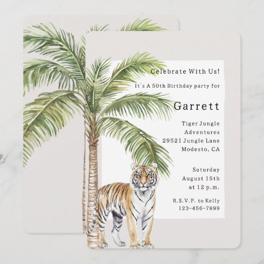 Tijger (volwassen) Oerwoud Animal Palm Tree Birthd Kaart (Voorkant / Achterkant)
