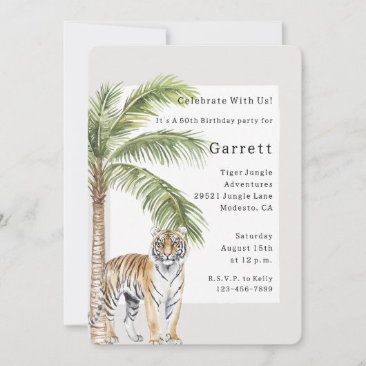 Tijger (volwassen) Oerwoud Animal Palm Tree Birthd Kaart (Voorkant)