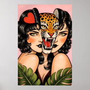 Tijger Vrouw Poster, Retro Tattoo Stijl Muurkunst Poster