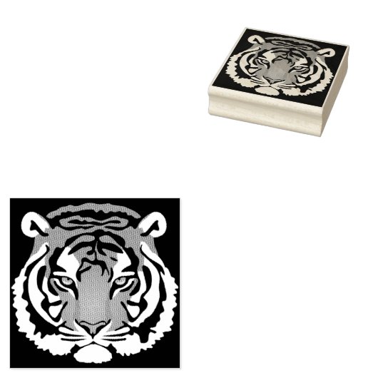 Tijger, wilde kat op zwart rubberstempel (Gestempeld)