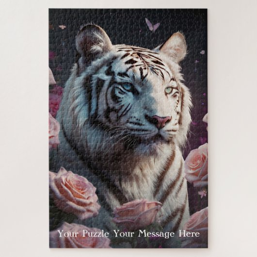 Tijger zittend in een roze rozentuin legpuzzel (Verticaal)
