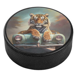 Tijger zittend op een sportauto  hockey puck