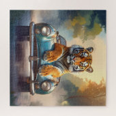 Tijger zittend op een sportauto legpuzzel (Horizontaal)