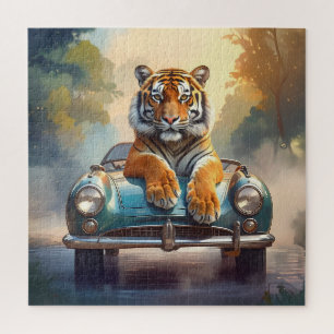 Tijger zittend op een sportauto  legpuzzel