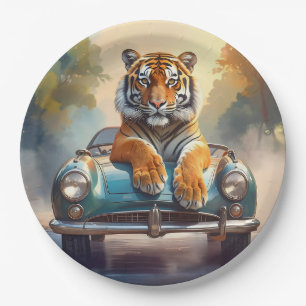 Tijger zittend op een sportauto papieren bordje