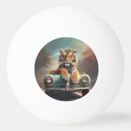 Tijger zittend op een sportauto  pingpongbal