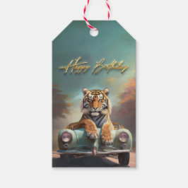 Tijger zittend op een sportwagen Gelukkige verjaar Cadeaulabel