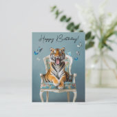 Tijger zittend op een  stoel blauwe vlinders briefkaart (Staand voorkant)