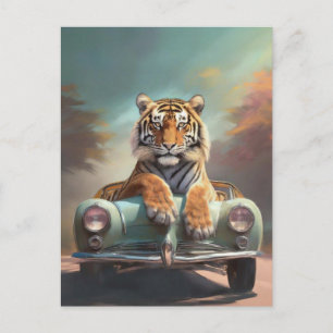 Tijger zittend op een vintage sportauto briefkaart